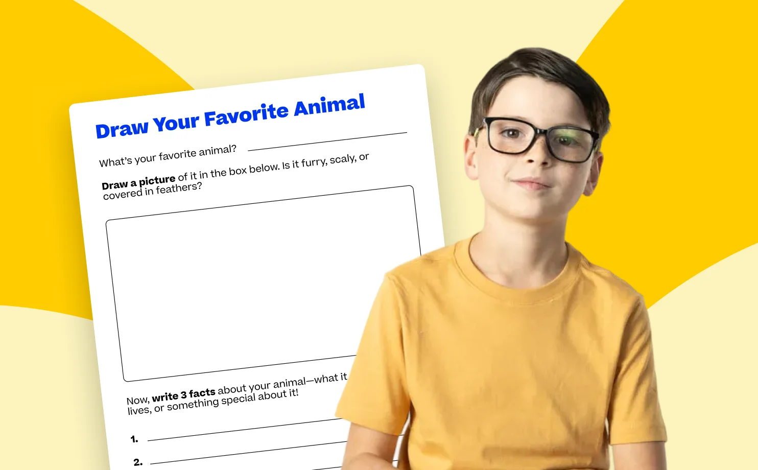 A young boy in glasses and a yellow shirt stands in front of a worksheet titled "Draw Your Favorite Animal" on a bright yellow background.