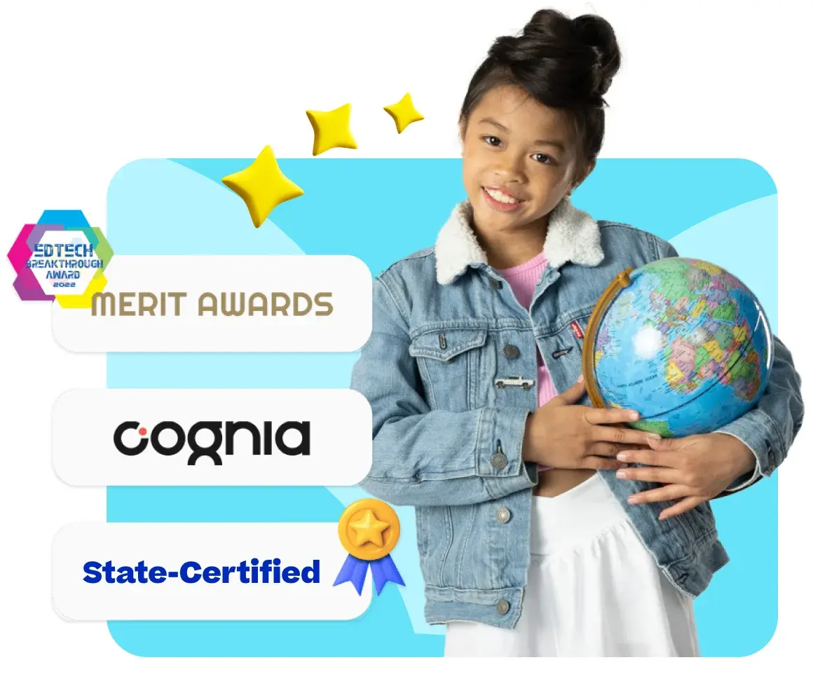 A smiling girl in a denim jacket holds a globe against a blue backdrop. Text reads "Merit Awards," "Cognia," and "State-Certified," with star and badge icons.