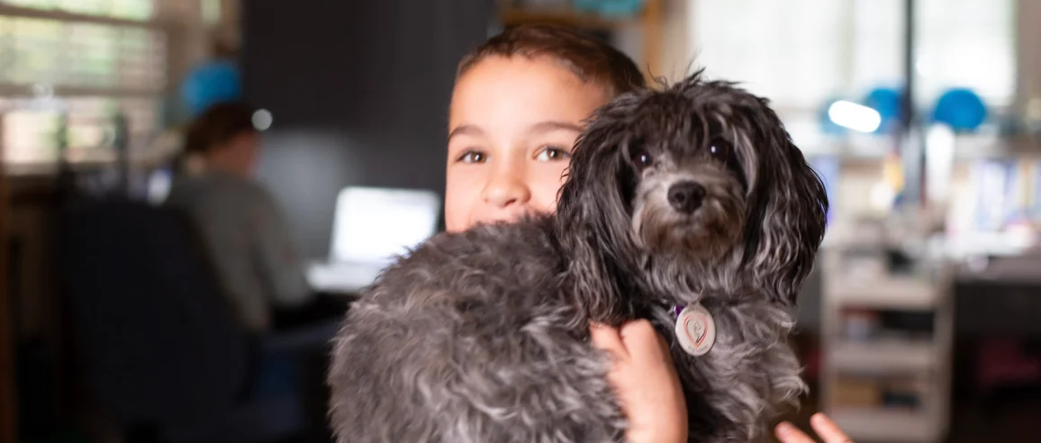 Un niño sonríe mientras sostiene a un perro gris esponjoso en el interior. La habitación está suavemente iluminada, creando un ambiente cálido y acogedor. Una persona trabaja en una computadora en segundo plano.