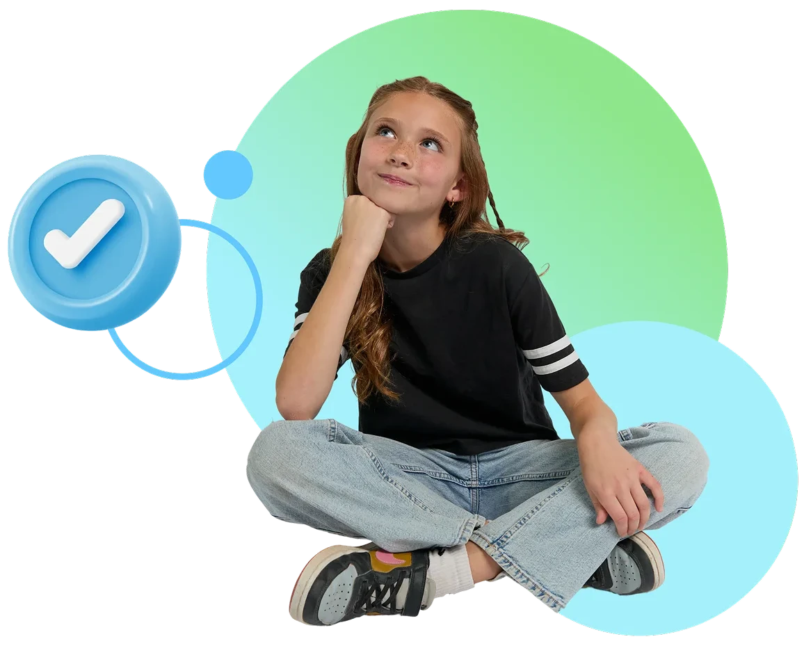 A young girl in casual clothes sits cross-legged, looking thoughtful. A check mark symbol is beside her. Background is a gradient of green and blue circles.