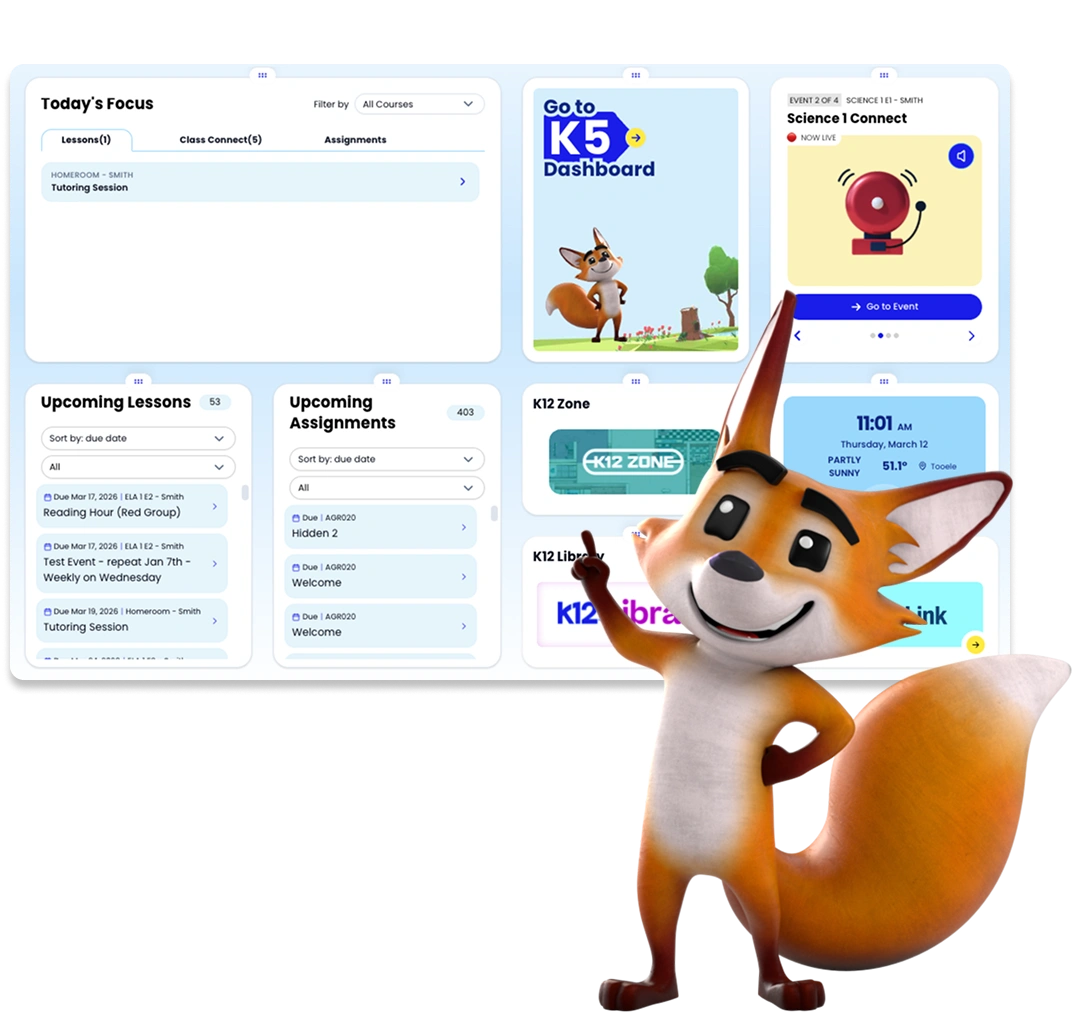 A cheerful animated fox stands in front of a digital educational dashboard. The screen displays lesson focuses, assignments, and a "K5 Dashboard."