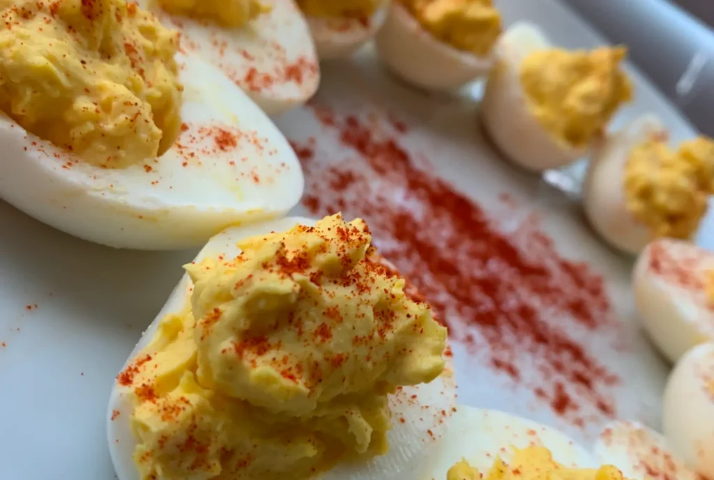Close-up of deviled eggs topped with paprika on a white plate. The eggs are halved with creamy yellow filling, arranged in a casual, inviting manner.