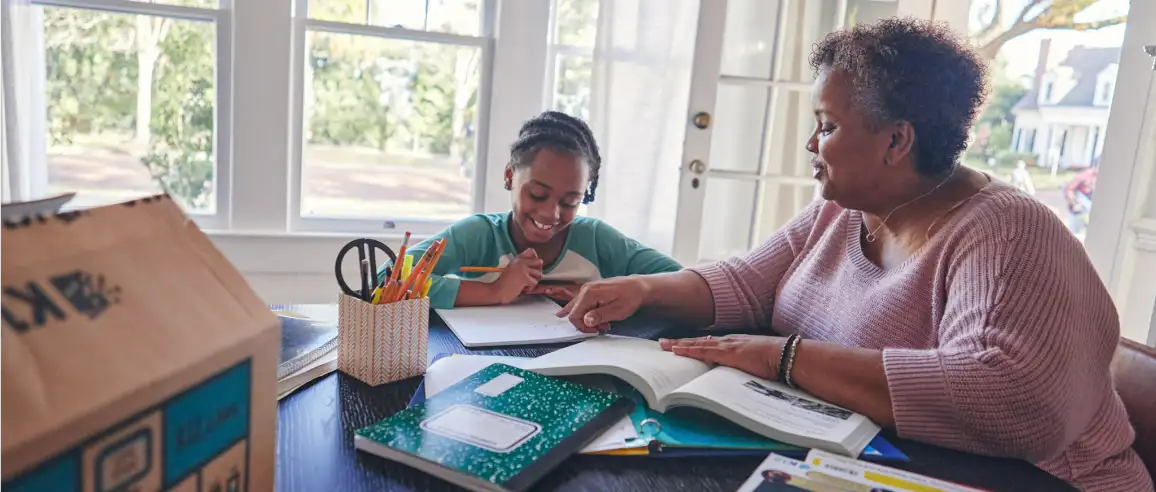 A woman and child sit at a table by a sunlit window, engaged in homework. The child writes, smiling, while the woman points at a book. The mood is cheerful.