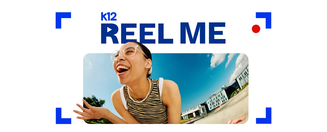 A person with glasses laughs joyfully in bright sunlight. The background shows a clear blue sky and a modern building; text reads "k12 REEL ME."