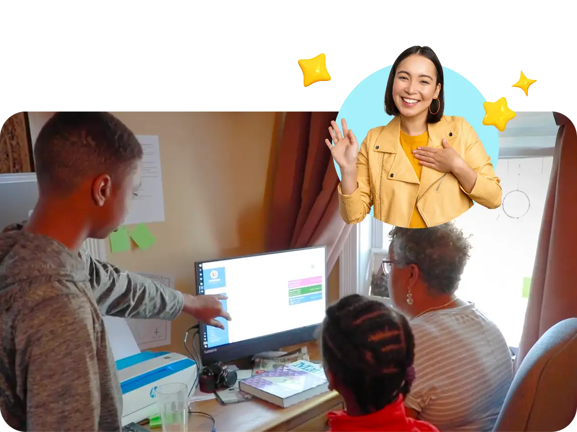 A young boy points at a computer screen, guiding an elderly woman and a girl. Above, a woman in a yellow jacket smiles with stars around her.