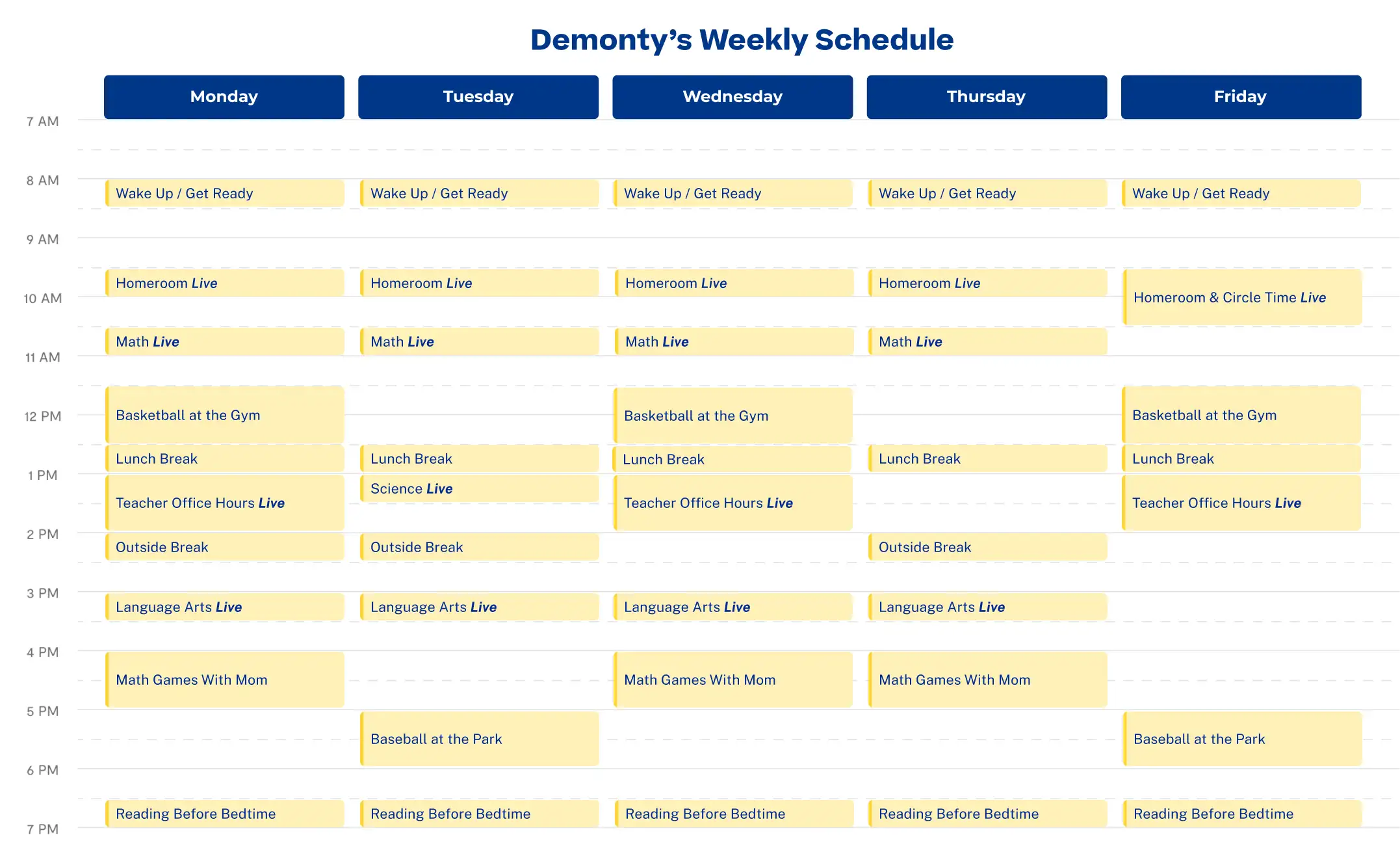 Cuadrícula de horario semanal titulada "Horario semanal de Demonty" que muestra las actividades de lunes a viernes, incluidas las clases, los horarios de descanso y las rutinas nocturnas.