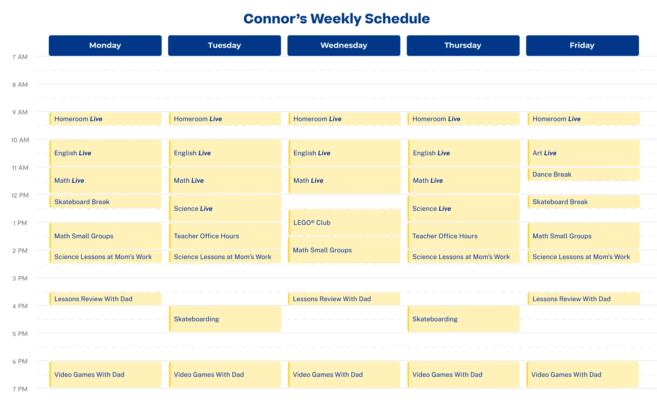 Connor's weekly schedule with activities from 9 AM to 8 PM, including Homeroom, English, Math, LEGO Club, and skateboarding varied by day.