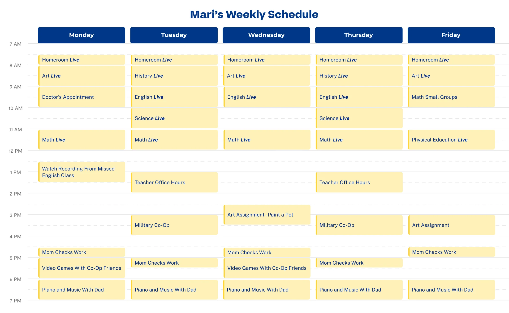 Mari's weekly schedule shows a mix of live classes, co-op activities, and family time, spanning Monday to Friday from 7 AM to 8 PM.