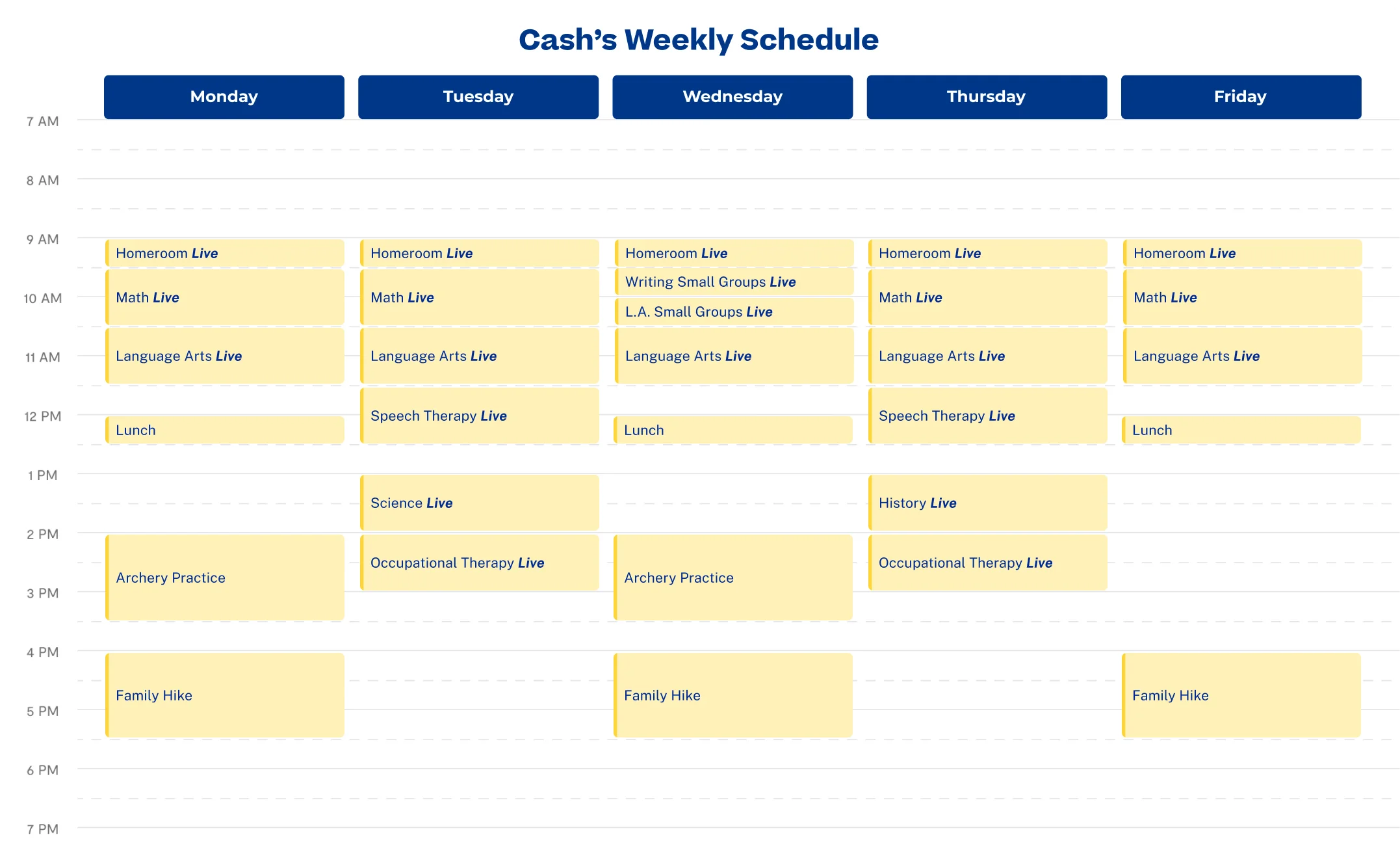 Weekly schedule table for "Cash" with entries from Monday to Friday. Activities include classes, lunch, therapy, archery, and family hikes.