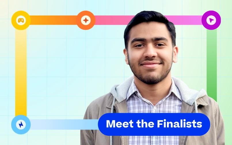 Smiling person stands against a colorful grid with game-themed icons connected by lines. A button below says “Meet the Finalists.” The mood is bright and engaging.