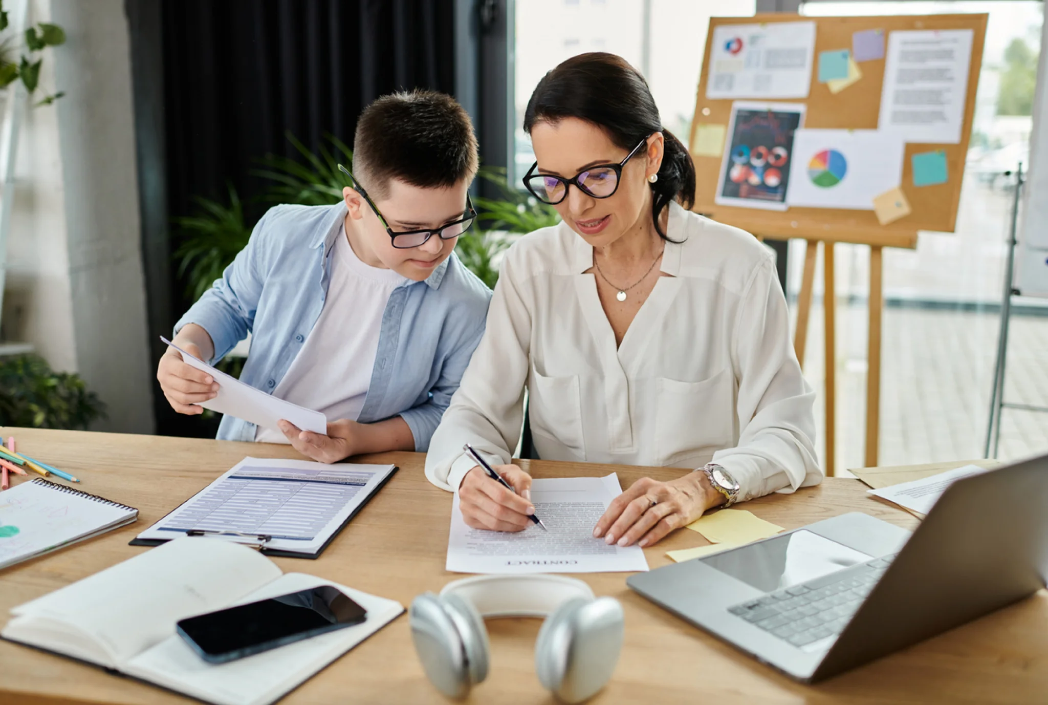 A woman and a young boy work together at a desk, looking over documents. She writes while he watches attentively. A laptop, papers, and headphones are nearby.