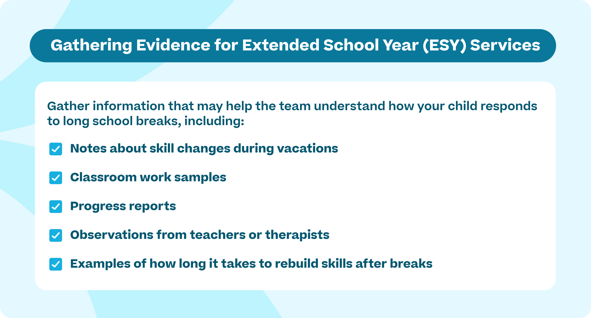 Blue and white infographic titled "Gathering Evidence for Extended School Year (ESY) Services" with a checklist detailing skill changes and observations.