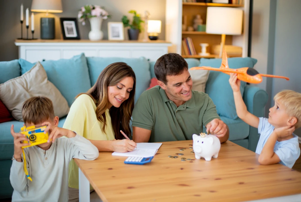 A family of four is gathered around a table. A woman writes while a man puts coins in a piggy bank. Two children play with a toy camera and airplane.