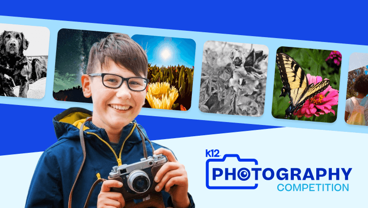 Un niño sonriente sostiene una cámara vintage. Arriba, un banner de la competencia muestra varias fotos de la naturaleza: perro, amanecer, flor, mariposa y paisaje.